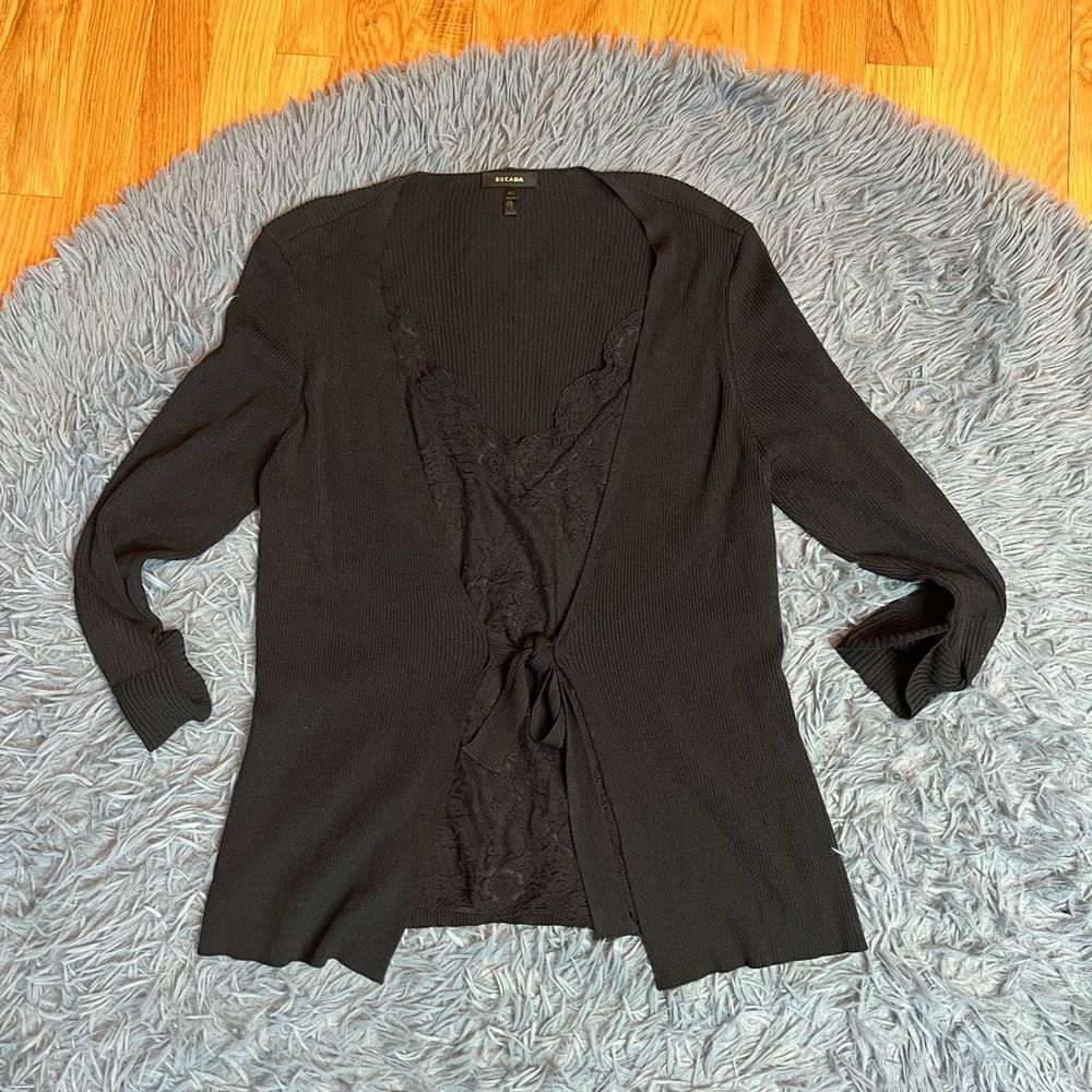 Escada Black Ribbed Lace Top Cardigan Size M